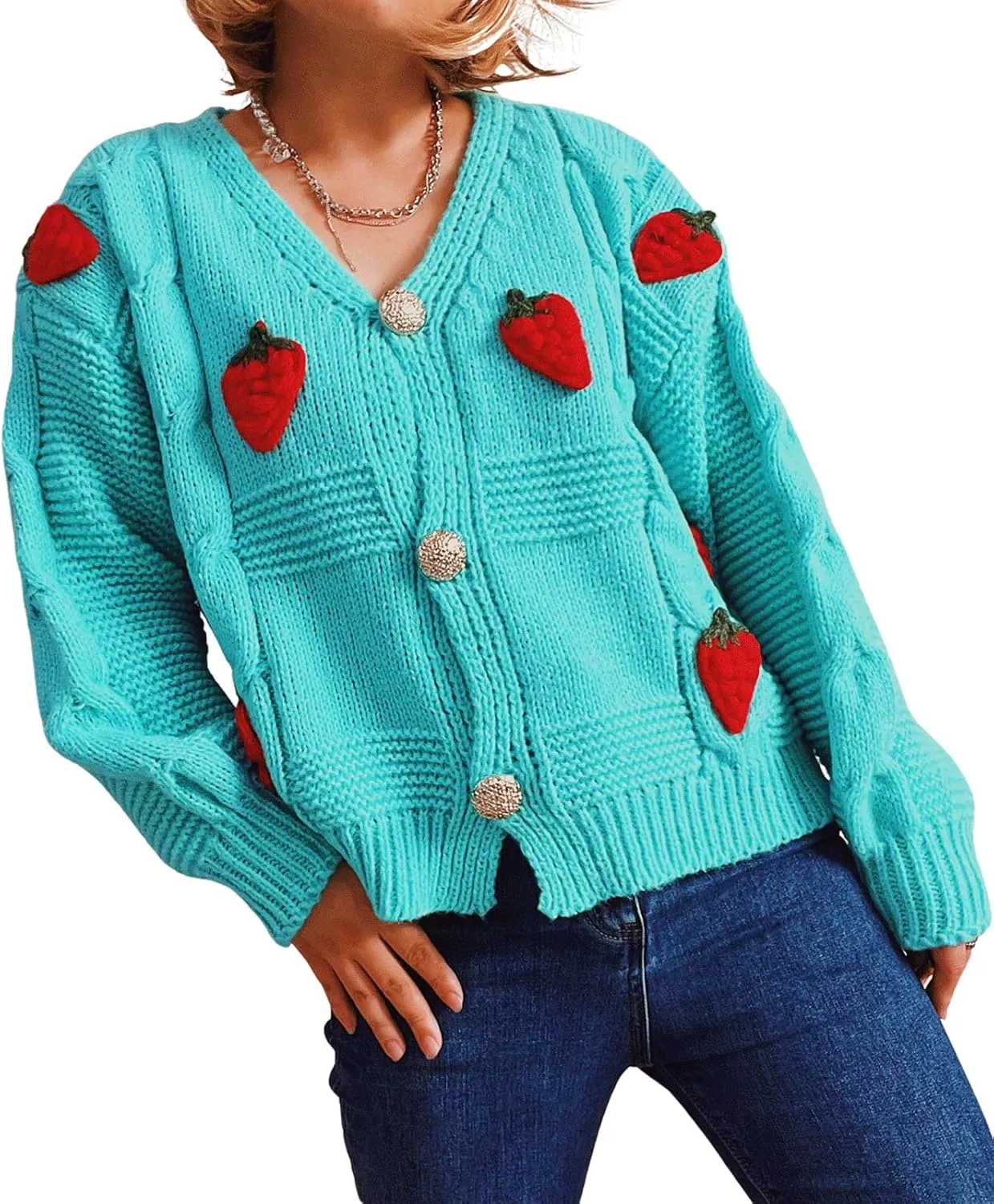CHARTOU Women's Cute Cropped Rib Knit Cardigan Button Down Long Sleeve Y2K Sweater Embroider V Neck Outfits