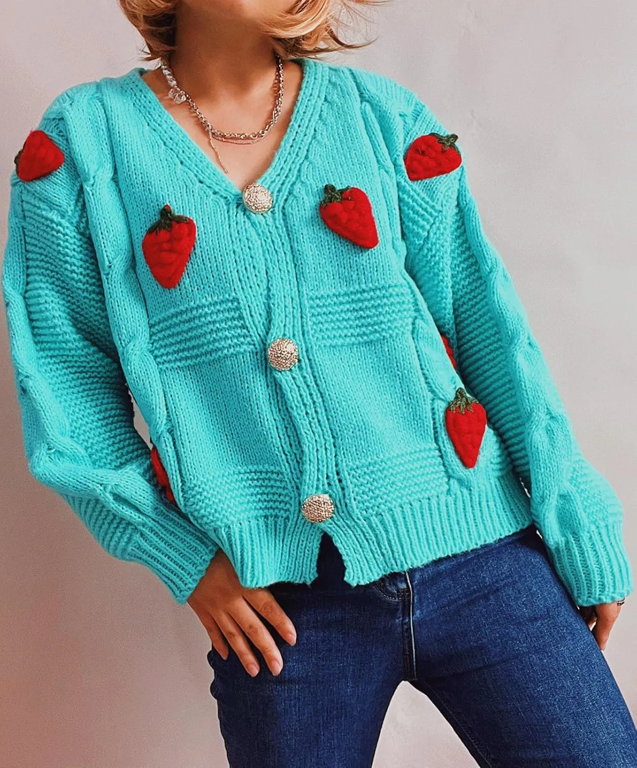 CHARTOU Women's Cute Cropped Rib Knit Cardigan Button Down Long Sleeve Y2K Sweater Embroider V Neck Outfits