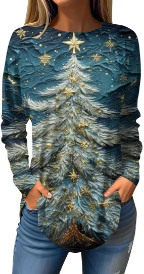 Christmas Shirts for Women 2024 Plus Size Funny Xmas Print Long Sleeve Tunic Tops Cute Casual Fall Winter Sweatshirts