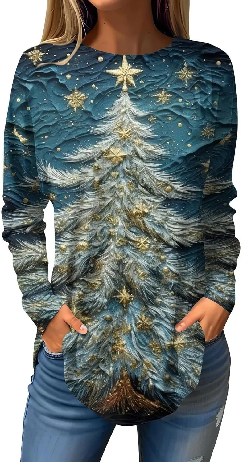 Christmas Shirts for Women 2024 Plus Size Funny Xmas Print Long Sleeve Tunic Tops Cute Casual Fall Winter Sweatshirts