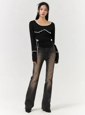 Denim Middle Waist Solid Flared Jeans CD322