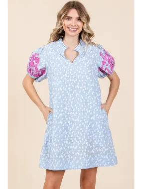 Embroidered Frilled Slit Neck Dress