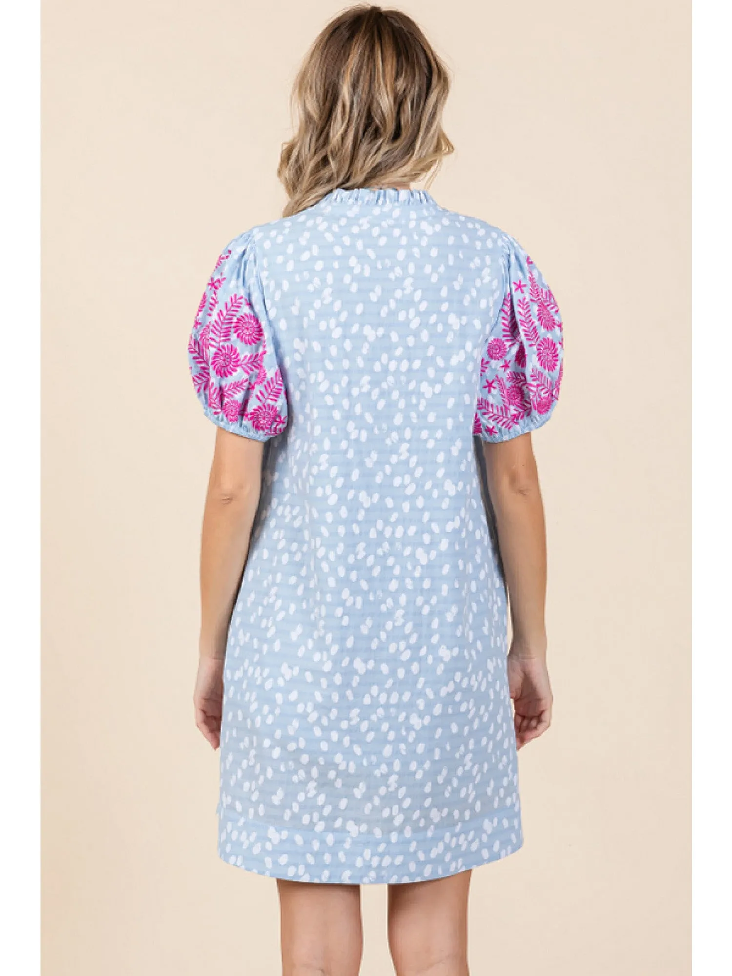 Embroidered Frilled Slit Neck Dress