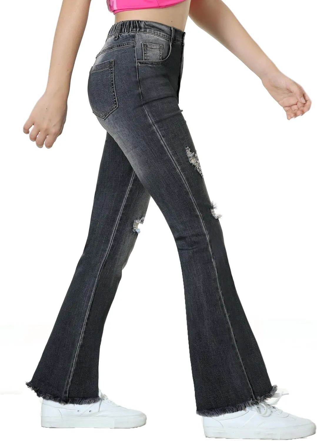 EXARUS Girls Jeans Wide Leg/Flare/Skinny Denim Pants Ripped Baggy High Waisted with Pockets Teen Casual Kids 6-14Y