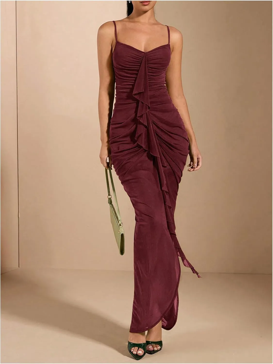 GORGLITTER Women's Sexy Ruched Bodycon Ruffle Dress Asymmetrical Sleeveless Cami Dresses