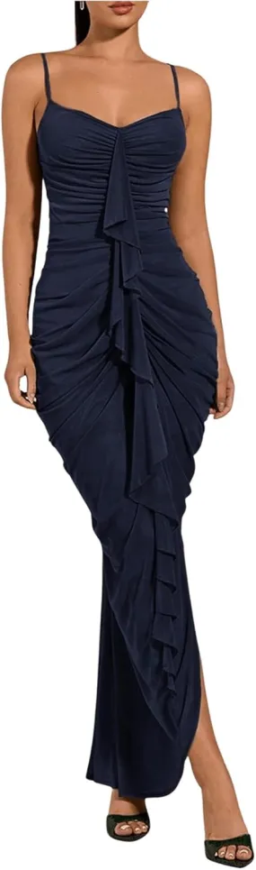 GORGLITTER Women's Sexy Ruched Bodycon Ruffle Dress Asymmetrical Sleeveless Cami Dresses