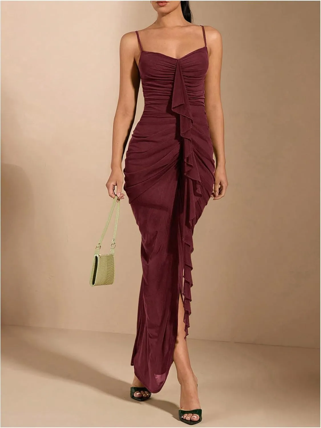 GORGLITTER Women's Sexy Ruched Bodycon Ruffle Dress Asymmetrical Sleeveless Cami Dresses