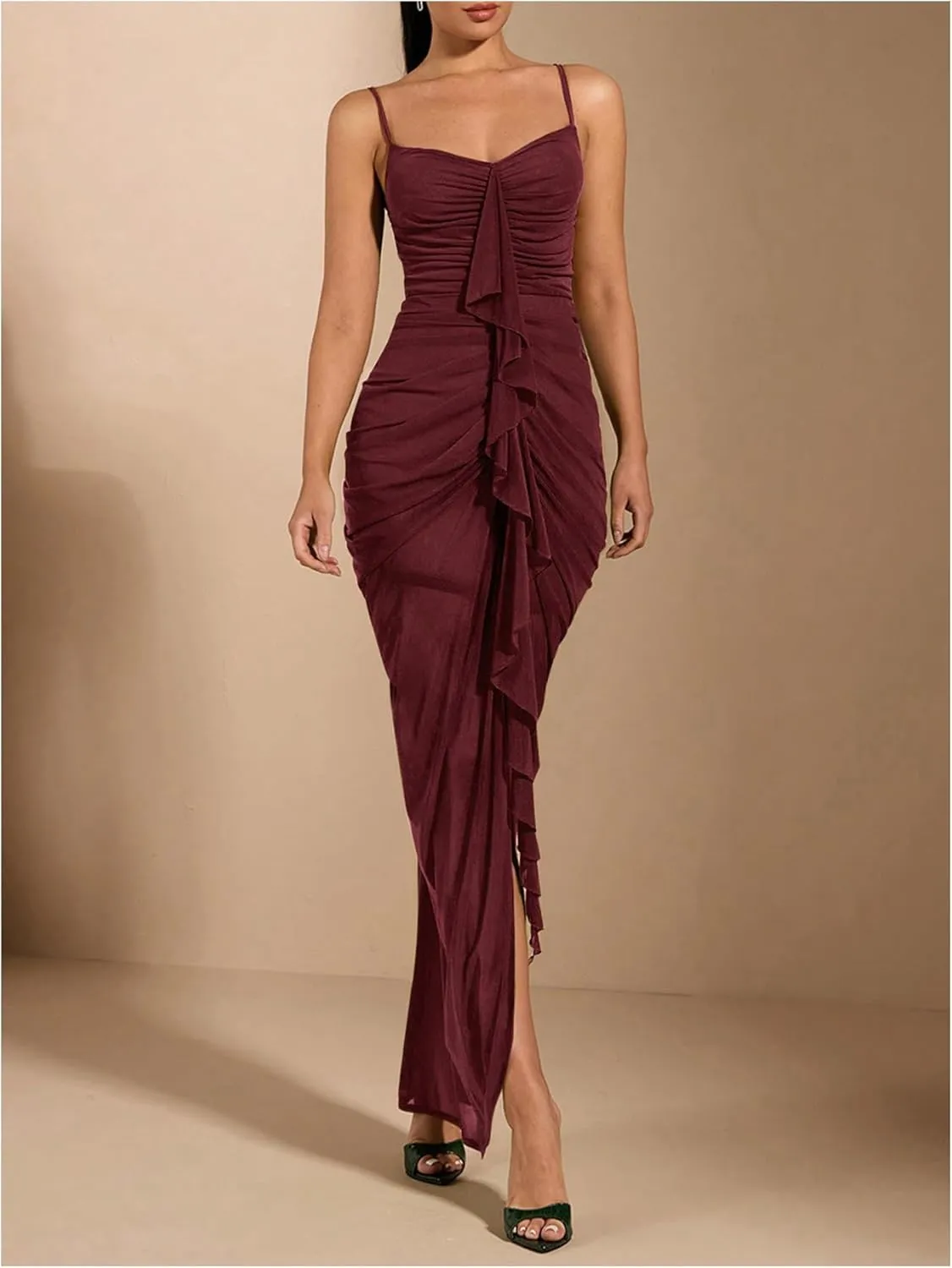 GORGLITTER Women's Sexy Ruched Bodycon Ruffle Dress Asymmetrical Sleeveless Cami Dresses