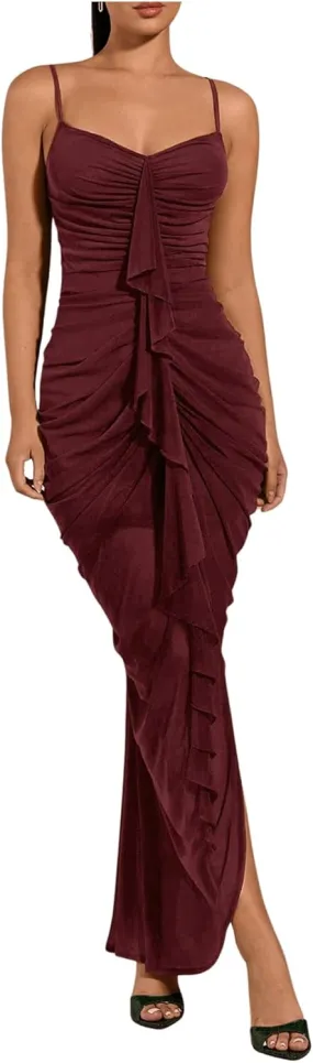 GORGLITTER Women's Sexy Ruched Bodycon Ruffle Dress Asymmetrical Sleeveless Cami Dresses