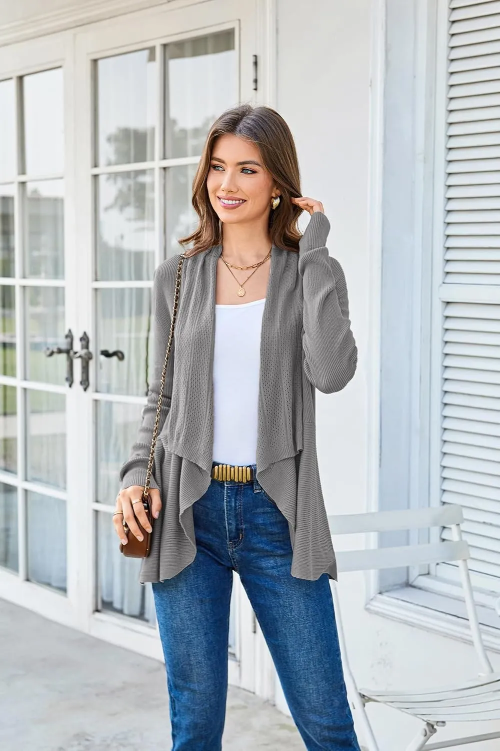 GRACE KARIN Women's 2024 Draped Irregular Hem Open Front Long Cardigan Casual Long Sleeve Soft Knitted Sweater