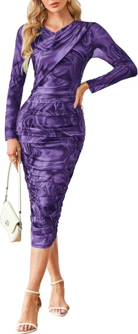 GRACE KARIN Women's Ruched Wrap Bodycon Dresses Mesh Print Fall Formal Midi Dress Long Sleeve Fitted Tight Party Club Dress