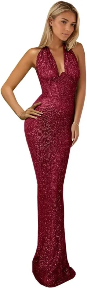 Halter Sparkly Prom Dresses 2024 Deep V Neck Mermaid Sequin Backless Evening Formal Cocktail Party Gowns DR0495