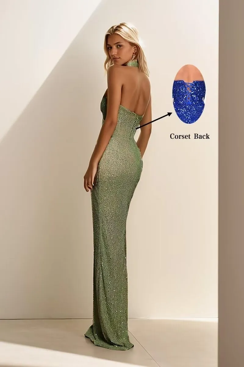 Halter Sparkly Prom Dresses 2024 Deep V Neck Mermaid Sequin Backless Evening Formal Cocktail Party Gowns DR0495