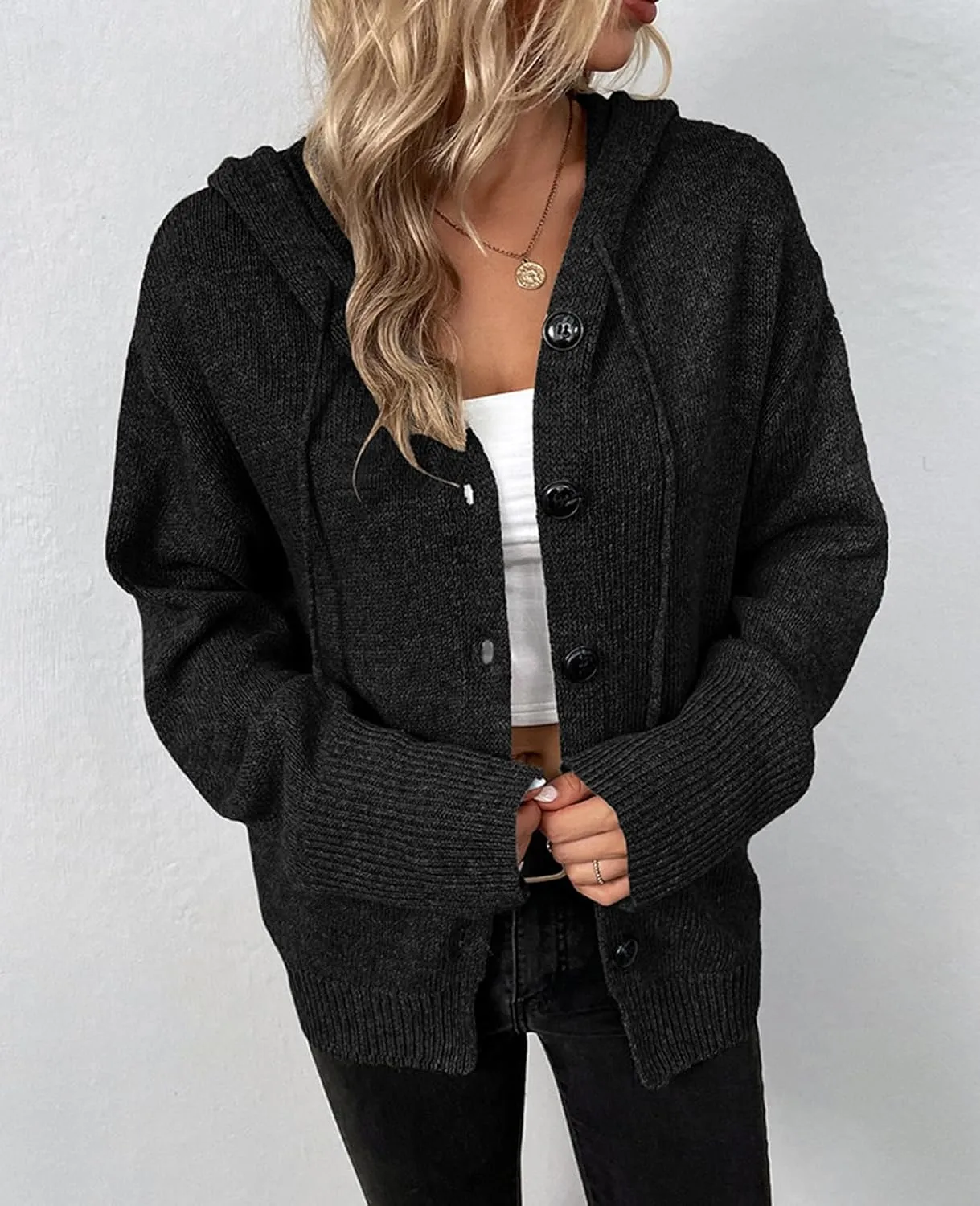 HOTIAN Women's Chunky Knit Cardigan Hooded Sweater Long Sleeve Button Down Cropped Cardigan Outwear