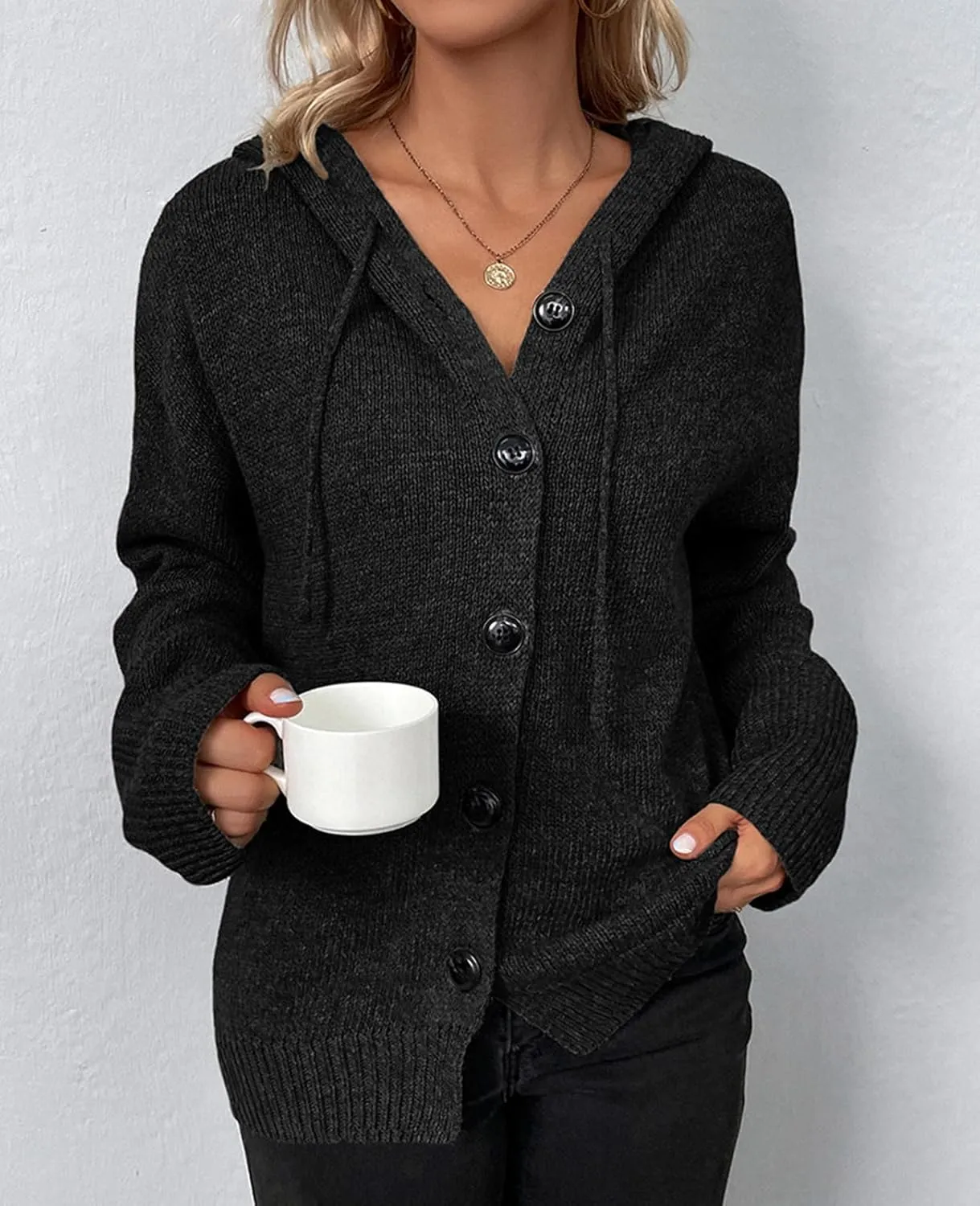 HOTIAN Women's Chunky Knit Cardigan Hooded Sweater Long Sleeve Button Down Cropped Cardigan Outwear