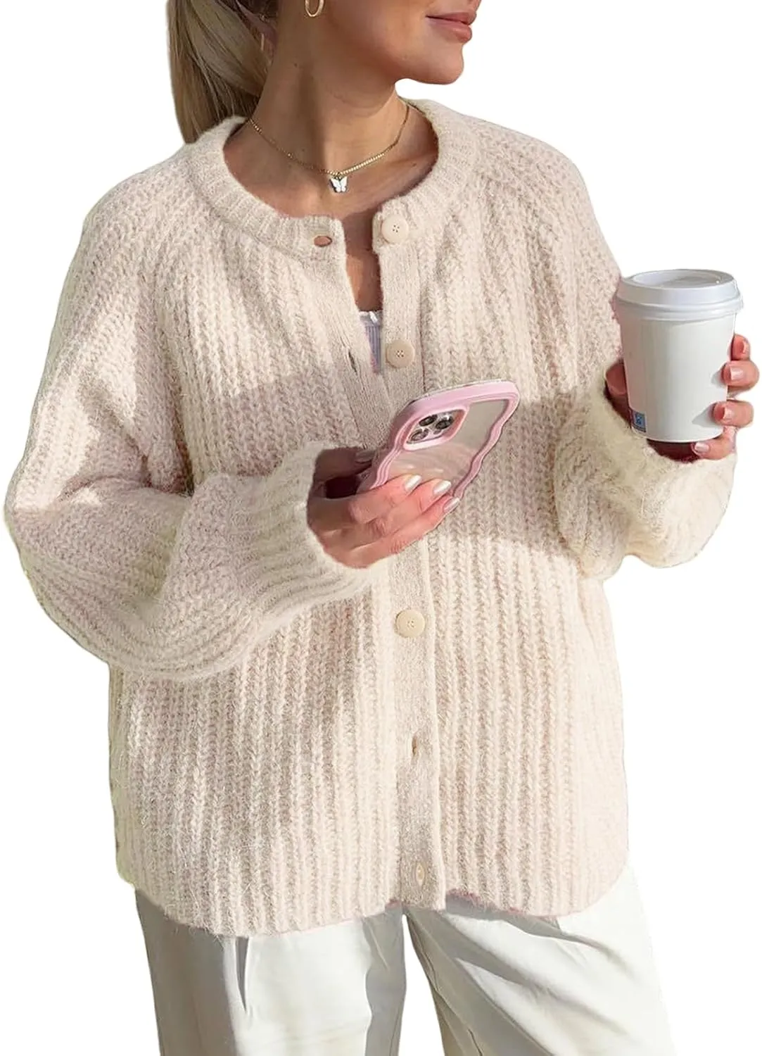 HOTIAN Women's Chunky Knit Cardigan Sweater 2025 Long Sleeve Button Down Cropped Cardigan Outwear Spring Autumn