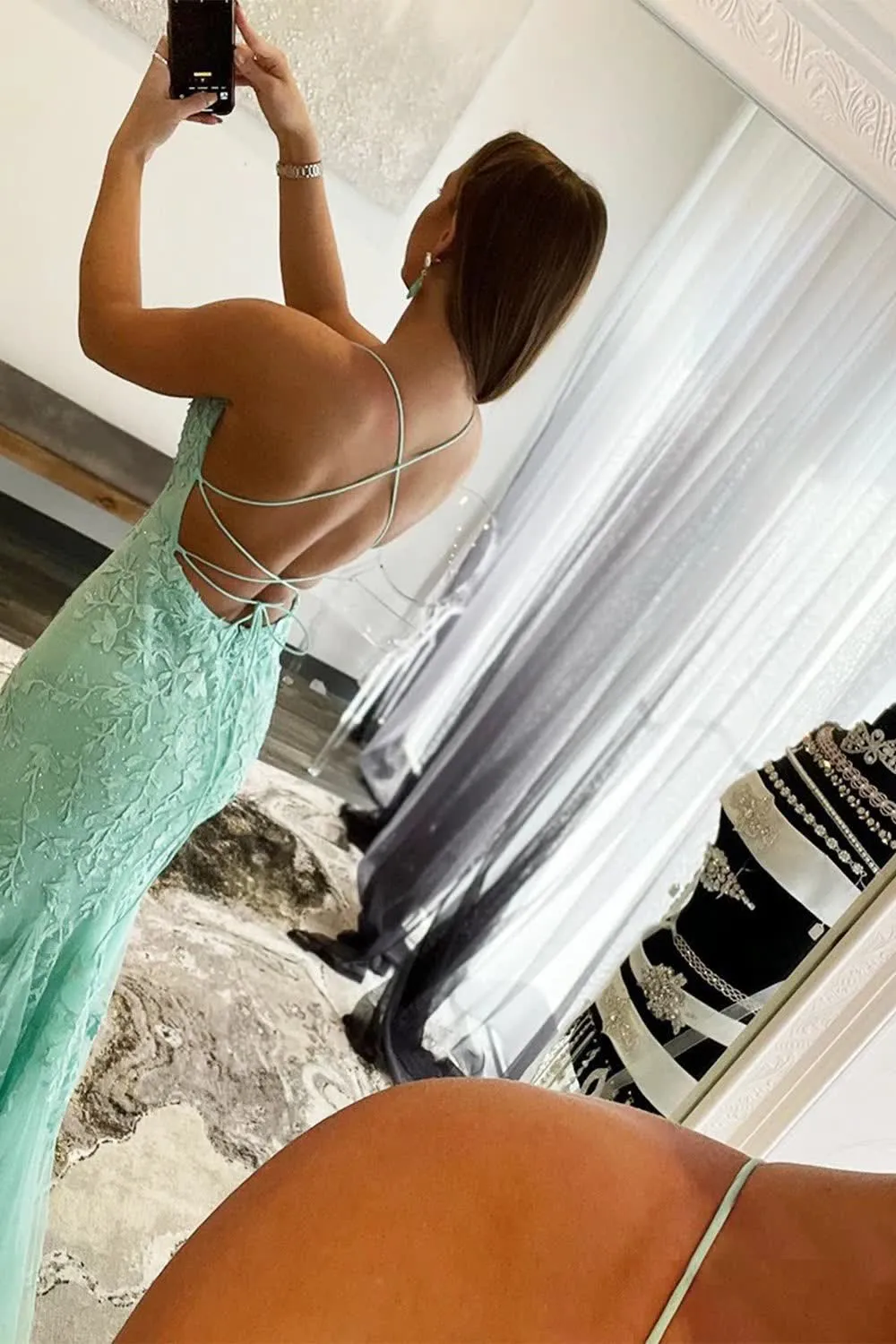 kamahe Blue Spaghetti Straps Mermaid Prom Dress With Appliques Party Dresses
