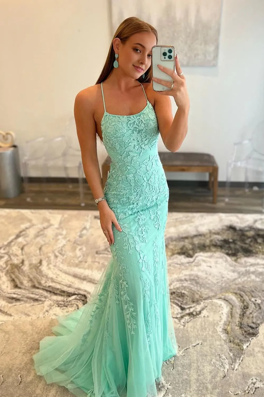 kamahe Blue Spaghetti Straps Mermaid Prom Dress With Appliques Party Dresses