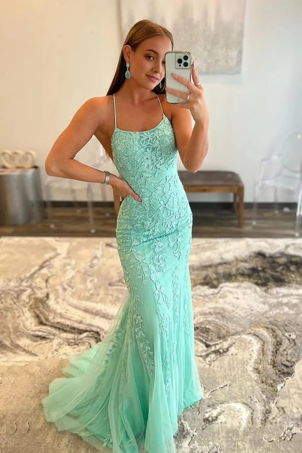 kamahe Blue Spaghetti Straps Mermaid Prom Dress With Appliques Party Dresses