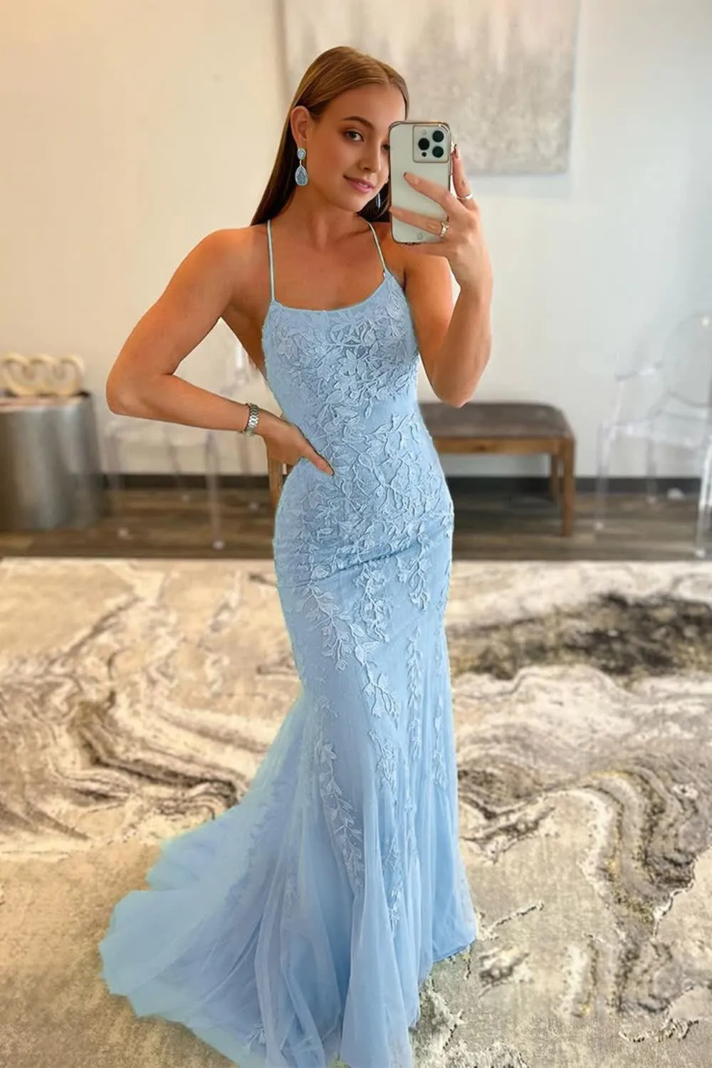 kamahe Blue Spaghetti Straps Mermaid Prom Dress With Appliques Party Dresses
