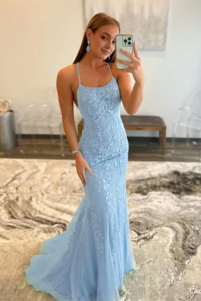 kamahe Blue Spaghetti Straps Mermaid Prom Dress With Appliques Party Dresses