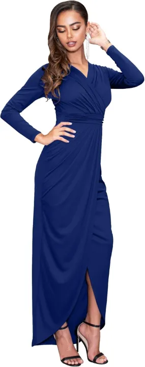KOH KOH Womens Long Sleeve Formal Wrap Draped Cocktail V-Neck Gown Maxi Dress