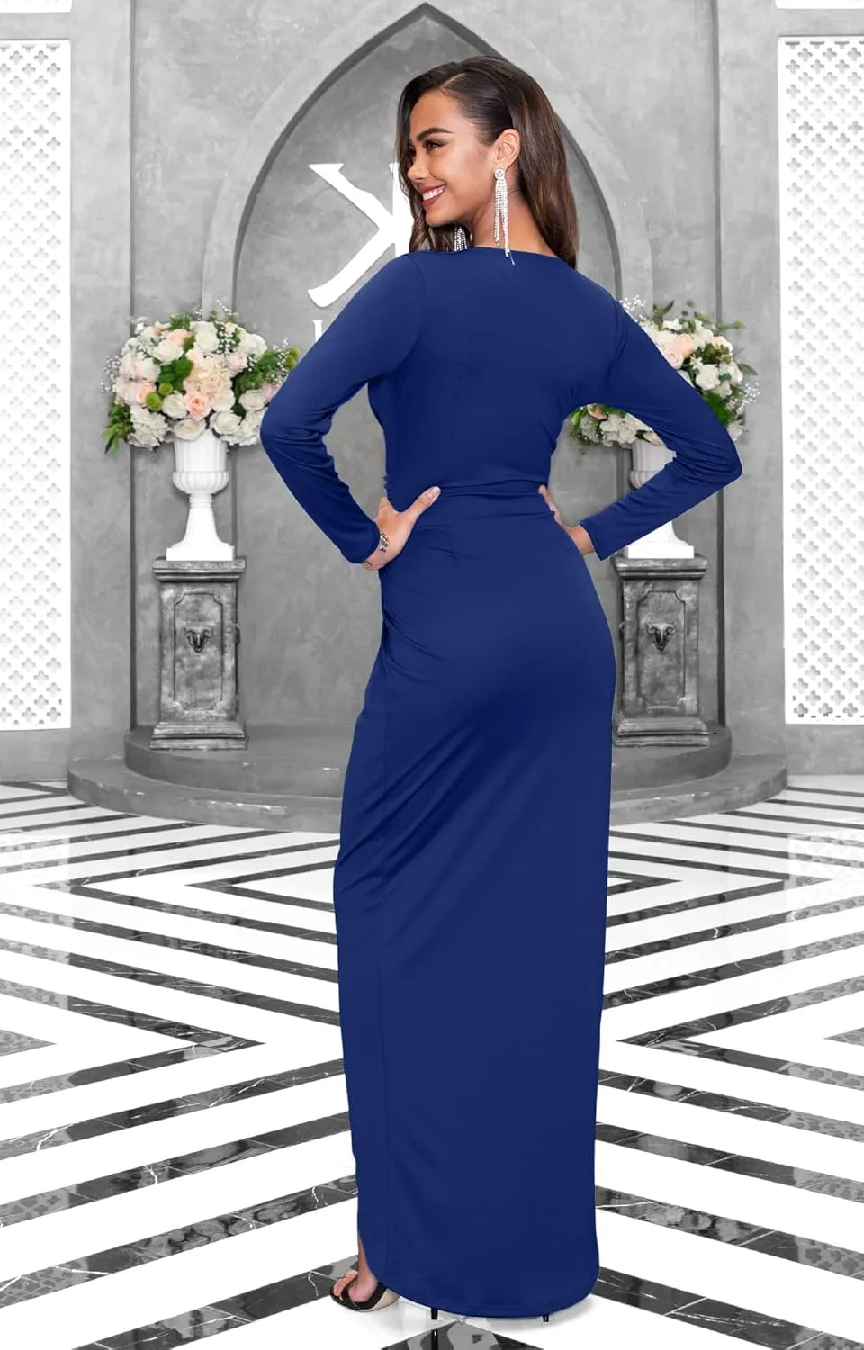 KOH KOH Womens Long Sleeve Formal Wrap Draped Cocktail V-Neck Gown Maxi Dress