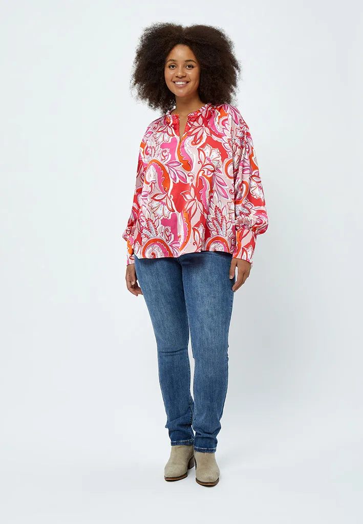 Lindi V-Neck Blouse Curve - Magenta Pink Print