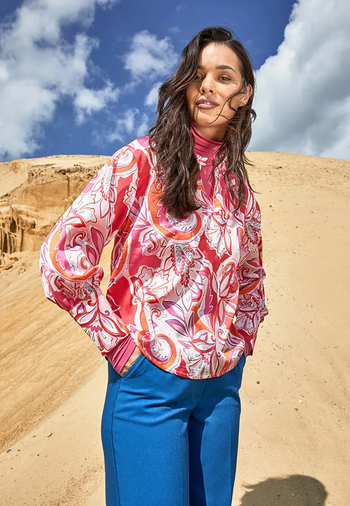Lindi V-Neck Blouse Curve - Magenta Pink Print