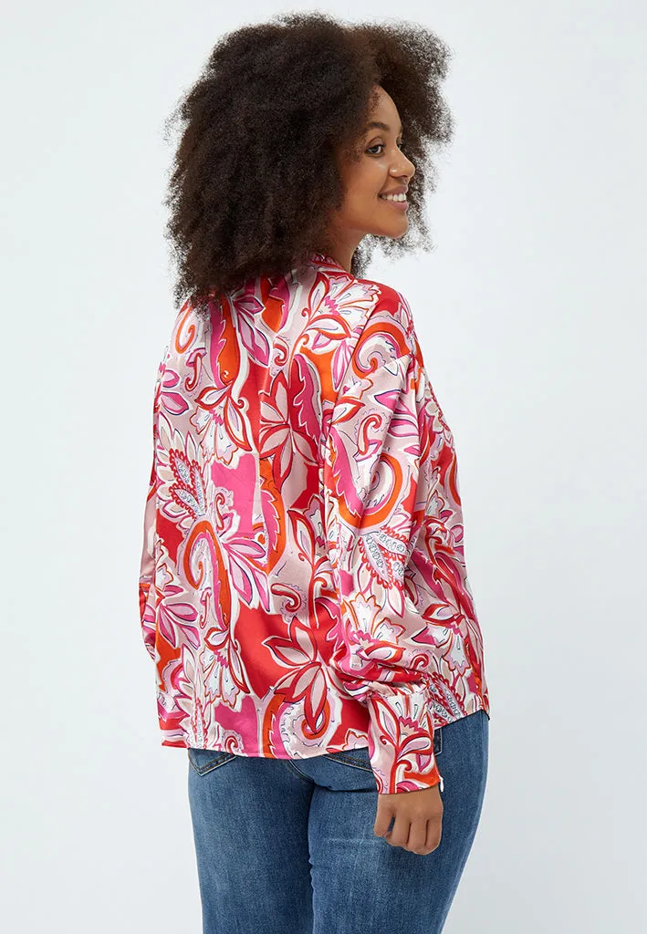 Lindi V-Neck Blouse Curve - Magenta Pink Print