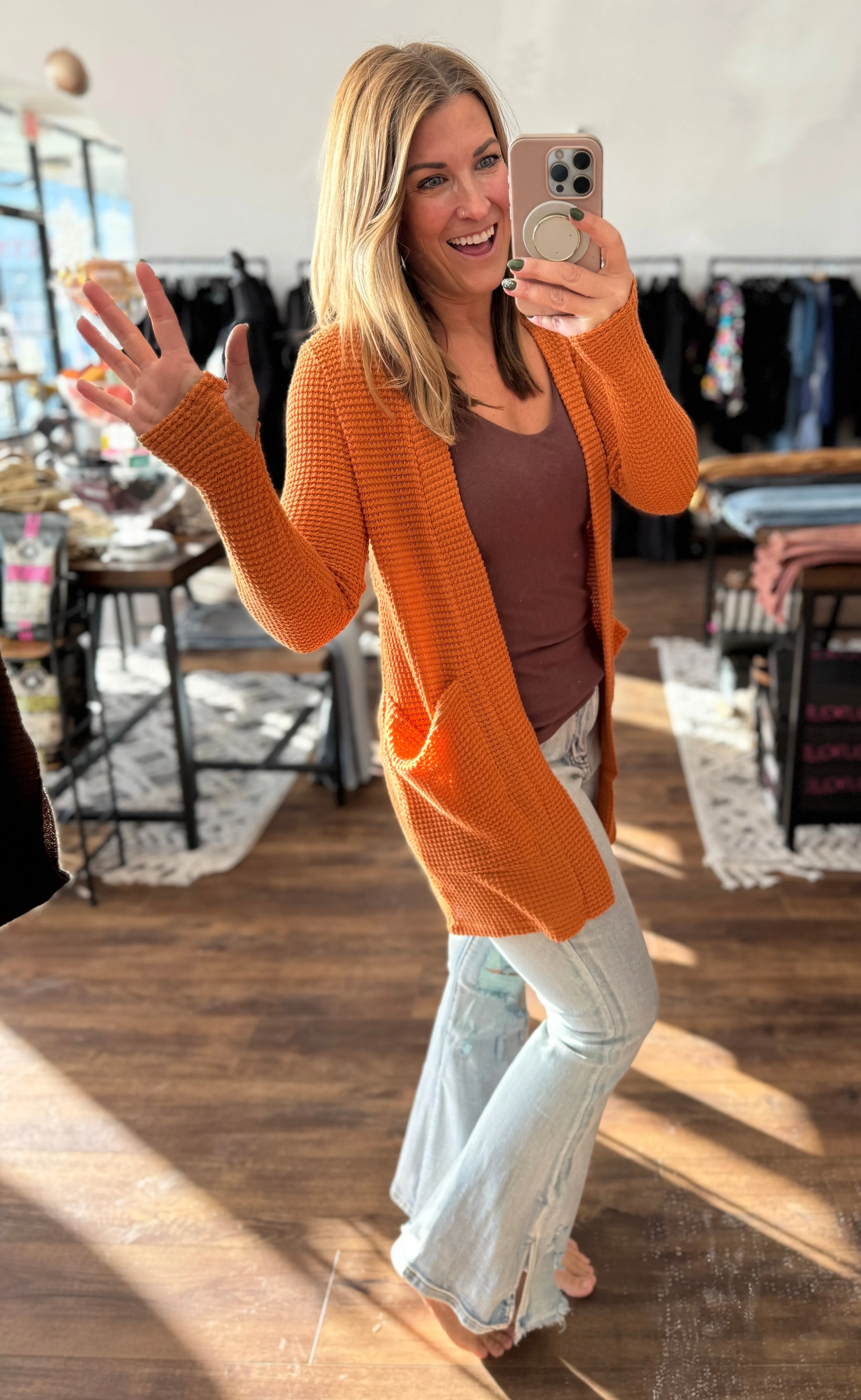 Lola Waffle Knit Cardigan with Thumbholes - Burnt Orange