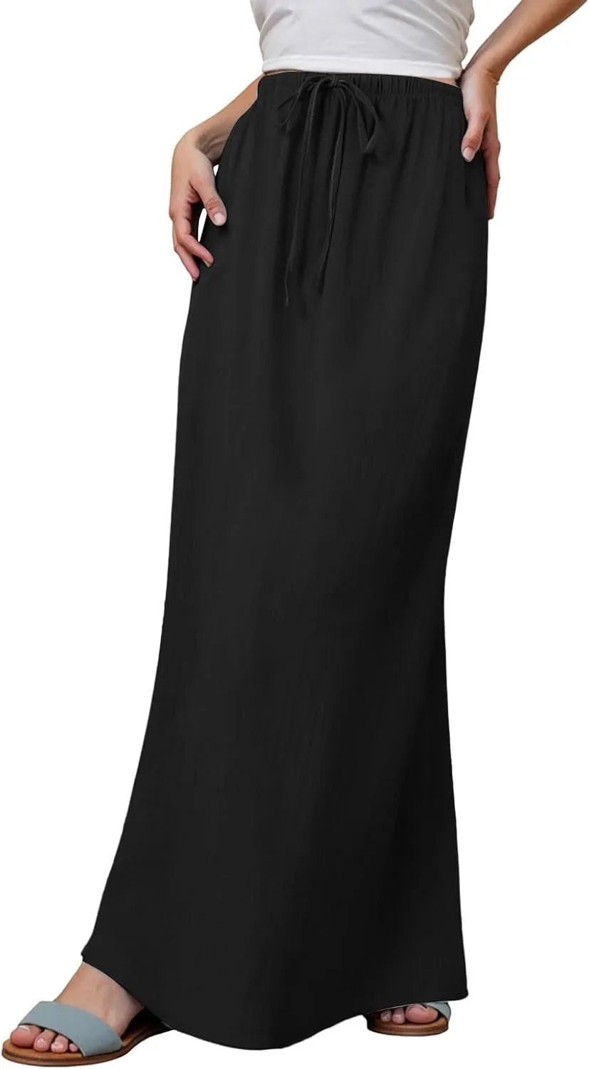 Maxi Skirts for Women Plus Size,Womens Linen Maxi Skirts Elastic Waist Drawstring A Line Skirts Vacation Flowy Skirt