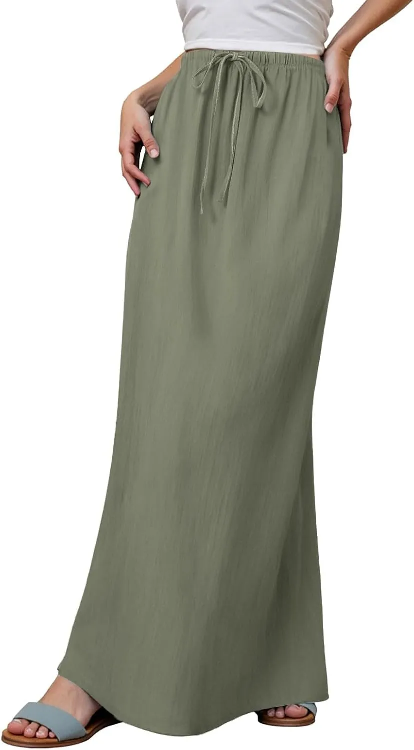Maxi Skirts for Women Plus Size,Womens Linen Maxi Skirts Elastic Waist Drawstring A Line Skirts Vacation Flowy Skirt