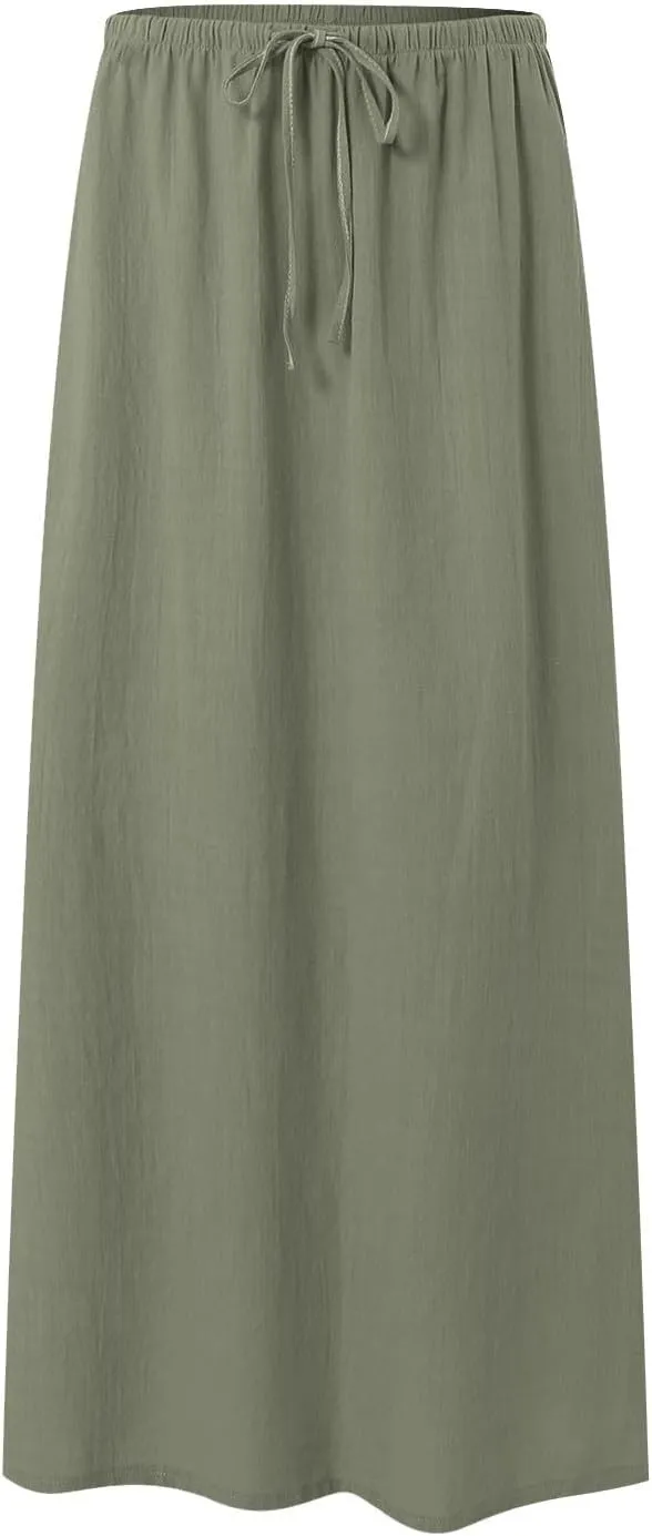 Maxi Skirts for Women Plus Size,Womens Linen Maxi Skirts Elastic Waist Drawstring A Line Skirts Vacation Flowy Skirt