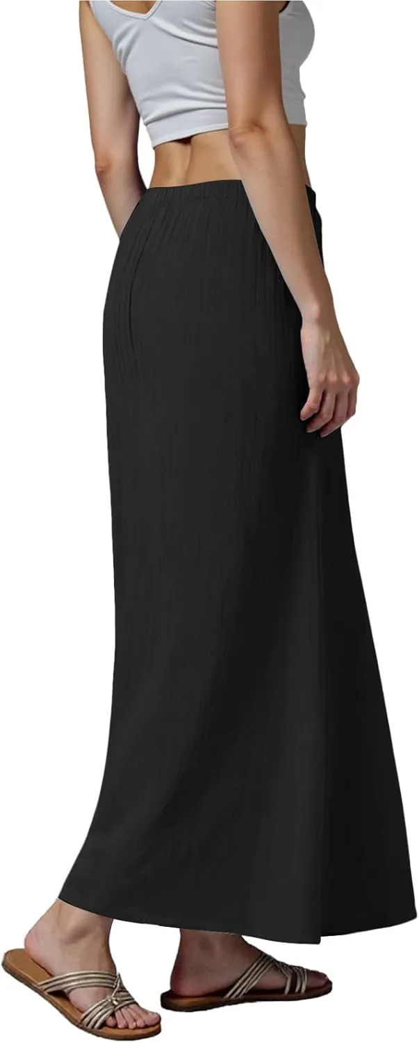 Maxi Skirts for Women Plus Size,Womens Linen Maxi Skirts Elastic Waist Drawstring A Line Skirts Vacation Flowy Skirt