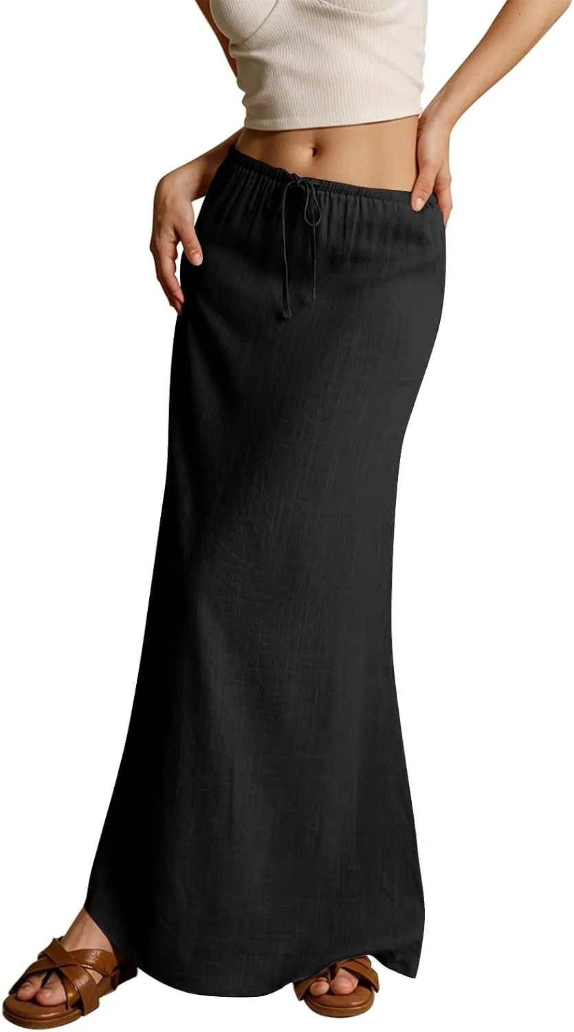 Maxi Skirts for Women Plus Size,Womens Linen Maxi Skirts Elastic Waist Drawstring A Line Skirts Vacation Flowy Skirt