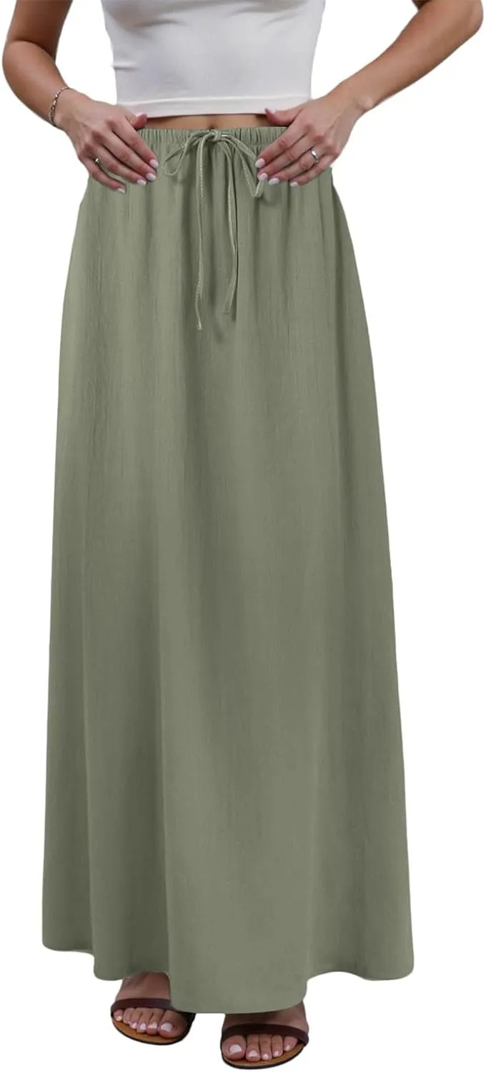 Maxi Skirts for Women Plus Size,Womens Linen Maxi Skirts Elastic Waist Drawstring A Line Skirts Vacation Flowy Skirt