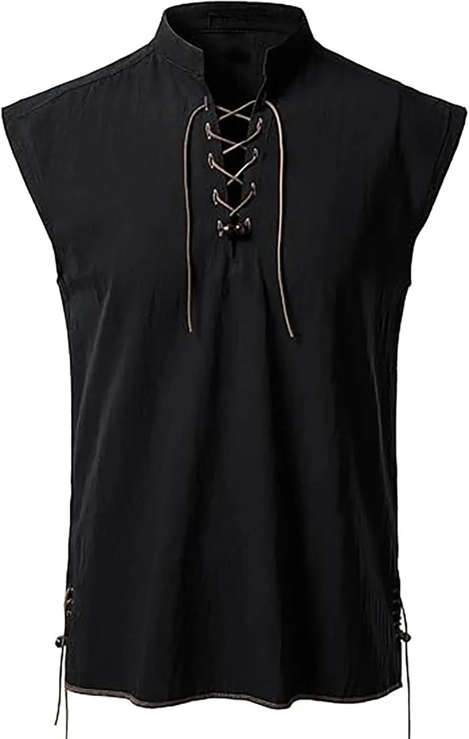 Men's Cotton Linen Tank Tops Workout Lace Up Sleeveless Shirts Bodybuilding Fitted Muscle Cut Off Shirt Vest Retro