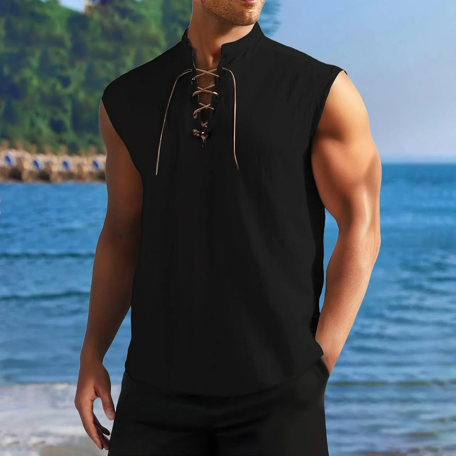 Men's Cotton Linen Tank Tops Workout Lace Up Sleeveless Shirts Bodybuilding Fitted Muscle Cut Off Shirt Vest Retro