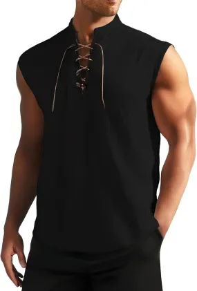 Men's Cotton Linen Tank Tops Workout Lace Up Sleeveless Shirts Bodybuilding Fitted Muscle Cut Off Shirt Vest Retro