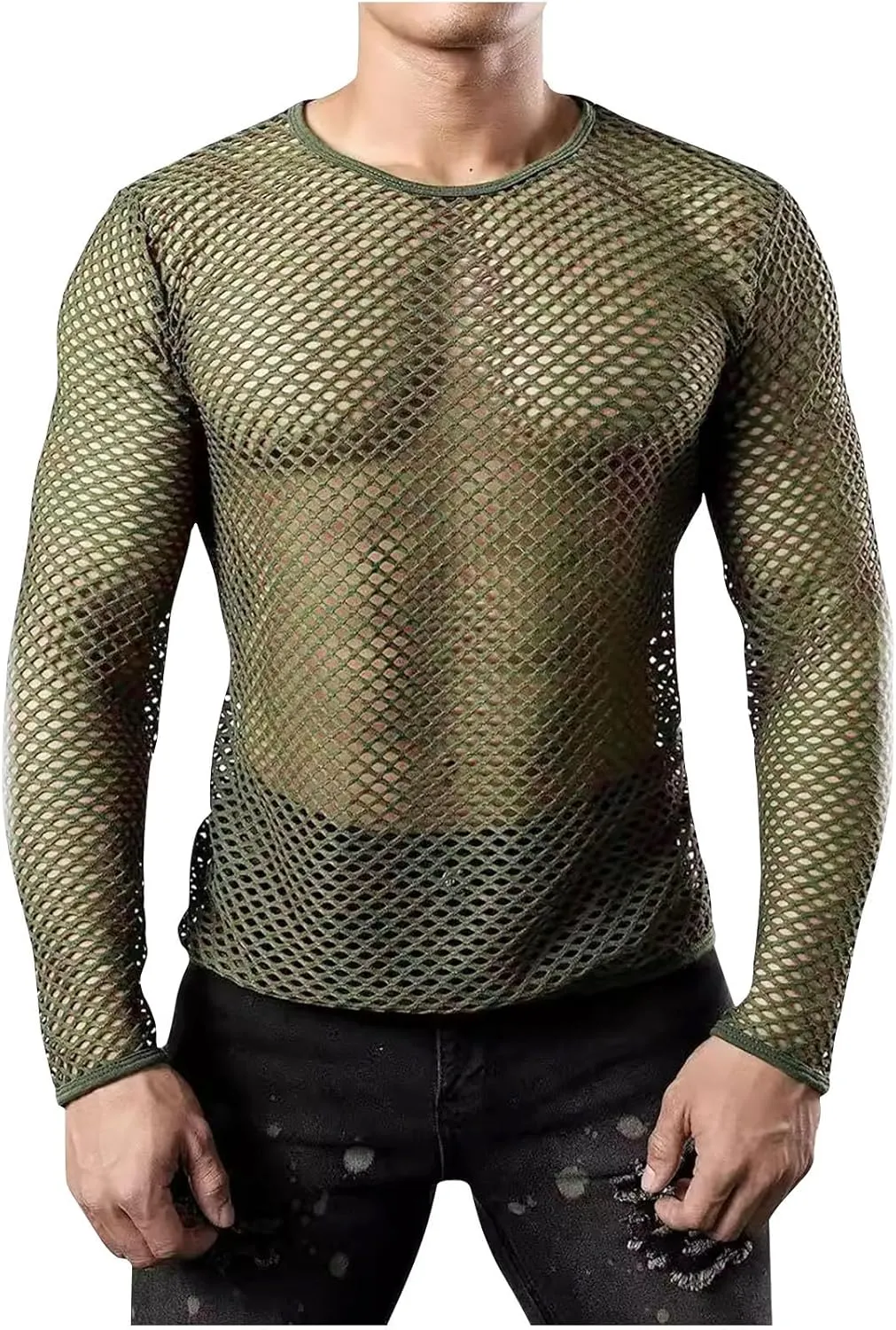 Men's Mesh Fishnet Top Fitted Beach Muscle Tee Shirts Sheer See Through Gym Workout T-Shirt Net Undershirt Clubwear