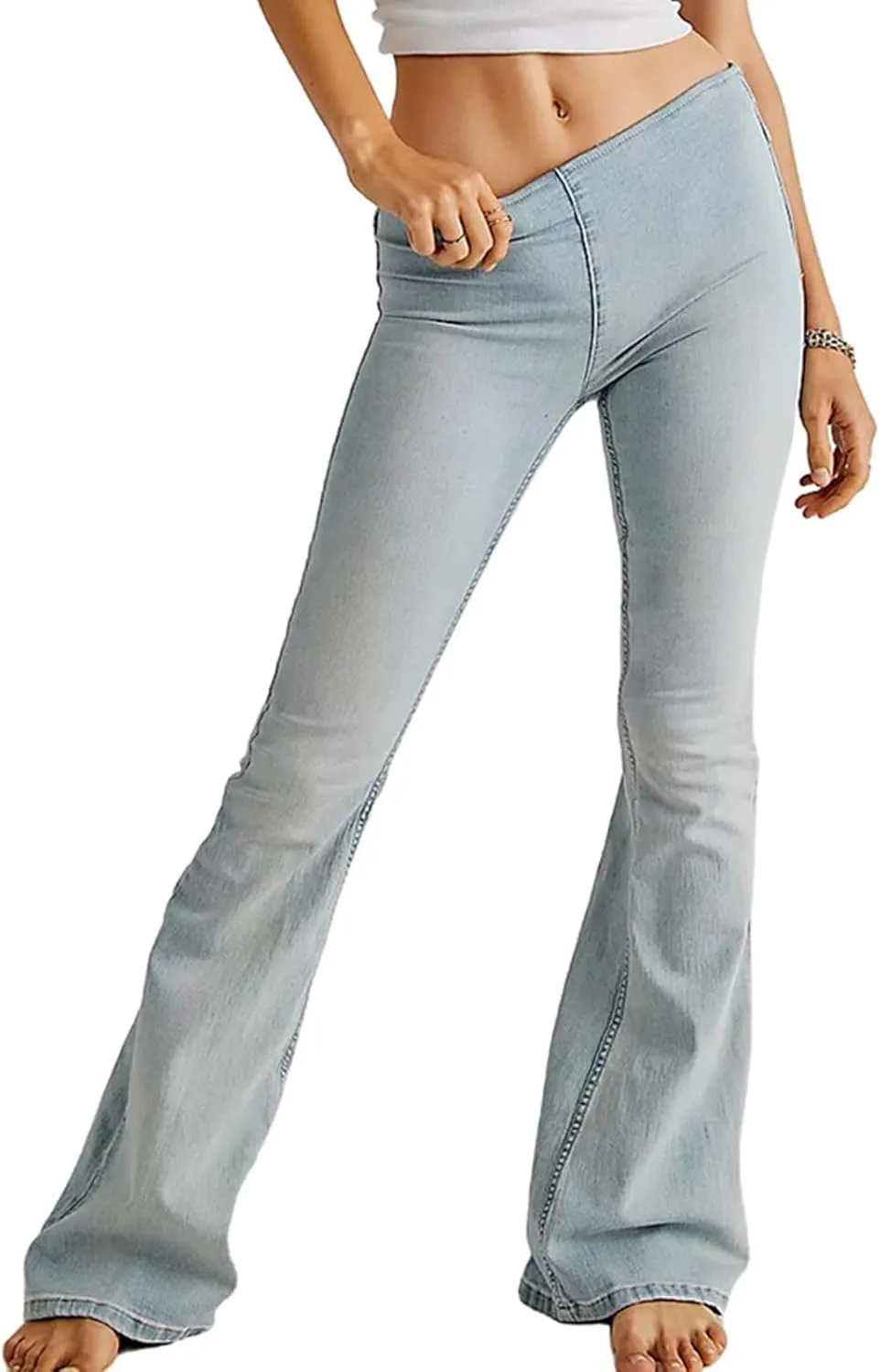 Mid Waisted Flare Jeans for Women Pull-On Skinny Flared Bootcut Denim Jegging Classic Stretch Curvy Bell Bottom Jeans