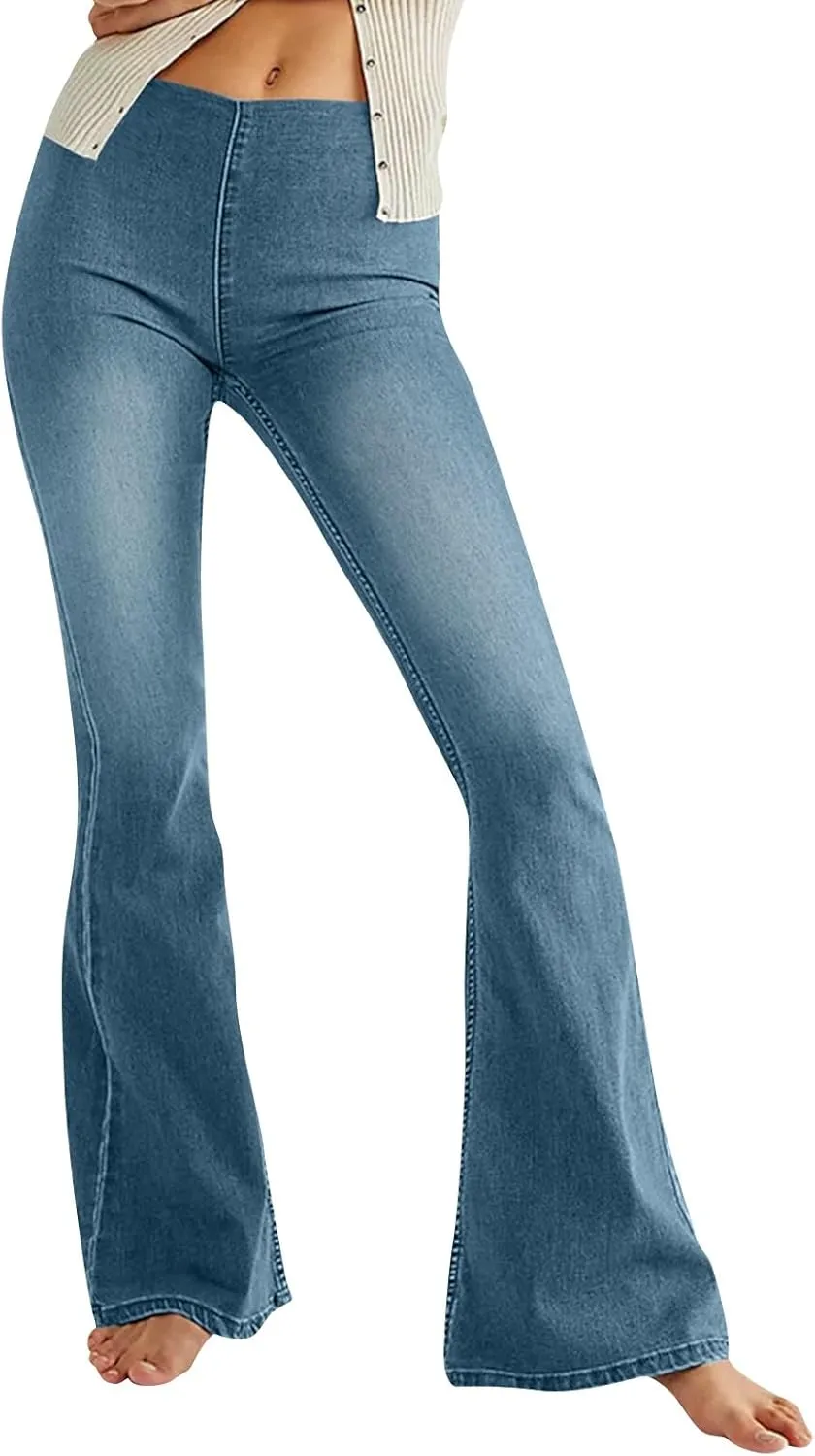 Mid Waisted Flare Jeans for Women Pull-On Skinny Flared Bootcut Denim Jegging Classic Stretch Curvy Bell Bottom Jeans