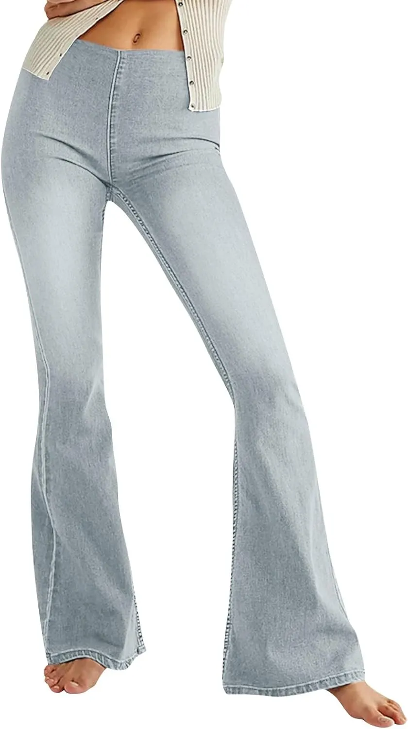 Mid Waisted Flare Jeans for Women Pull-On Skinny Flared Bootcut Denim Jegging Classic Stretch Curvy Bell Bottom Jeans