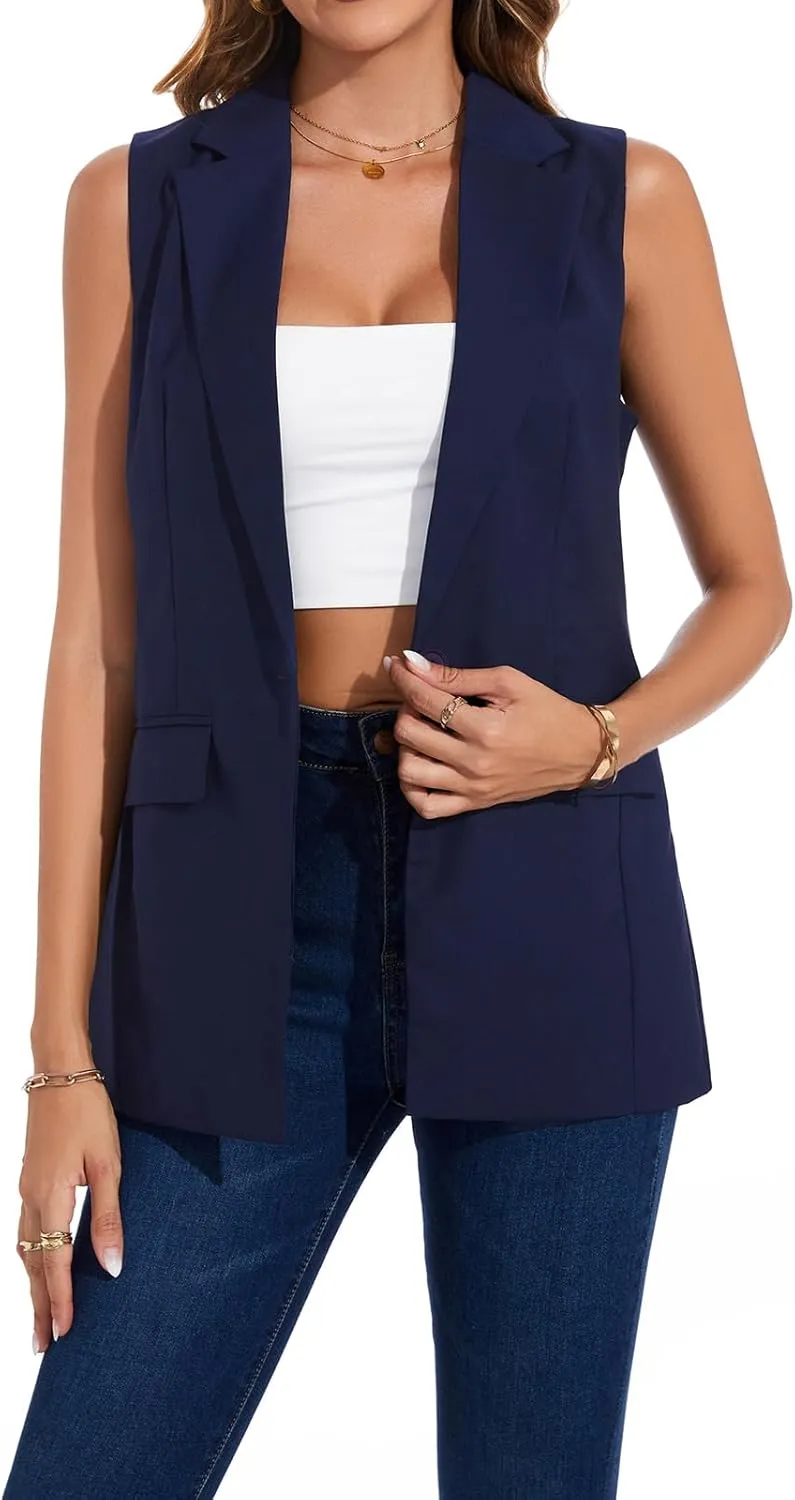 MINTLIMIT Womens Casual Vest Sleeveless Blazer Button Front Jacket Office Fully Lined Notched Lapel Long Blazers with Pockets