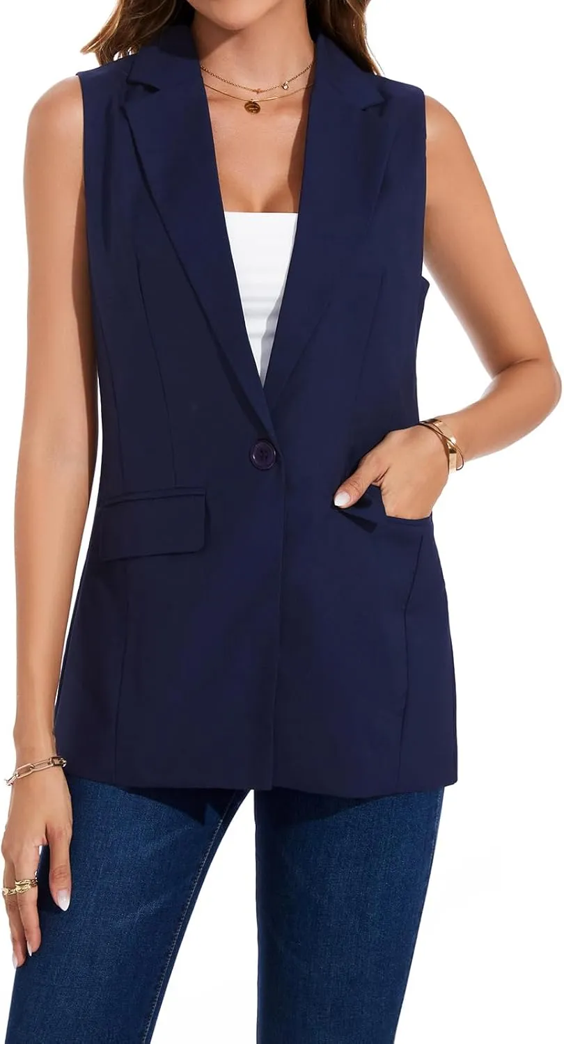 MINTLIMIT Womens Casual Vest Sleeveless Blazer Button Front Jacket Office Fully Lined Notched Lapel Long Blazers with Pockets