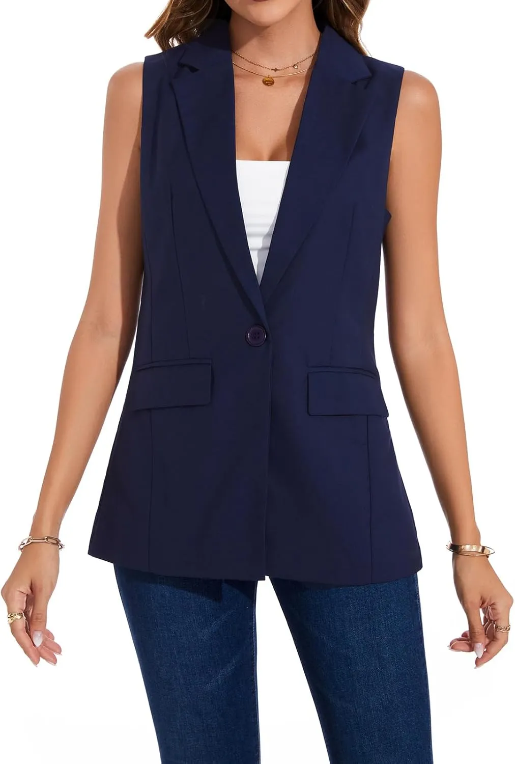 MINTLIMIT Womens Casual Vest Sleeveless Blazer Button Front Jacket Office Fully Lined Notched Lapel Long Blazers with Pockets