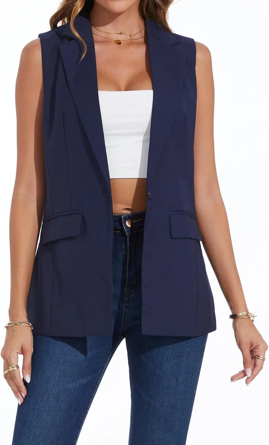 MINTLIMIT Womens Casual Vest Sleeveless Blazer Button Front Jacket Office Fully Lined Notched Lapel Long Blazers with Pockets