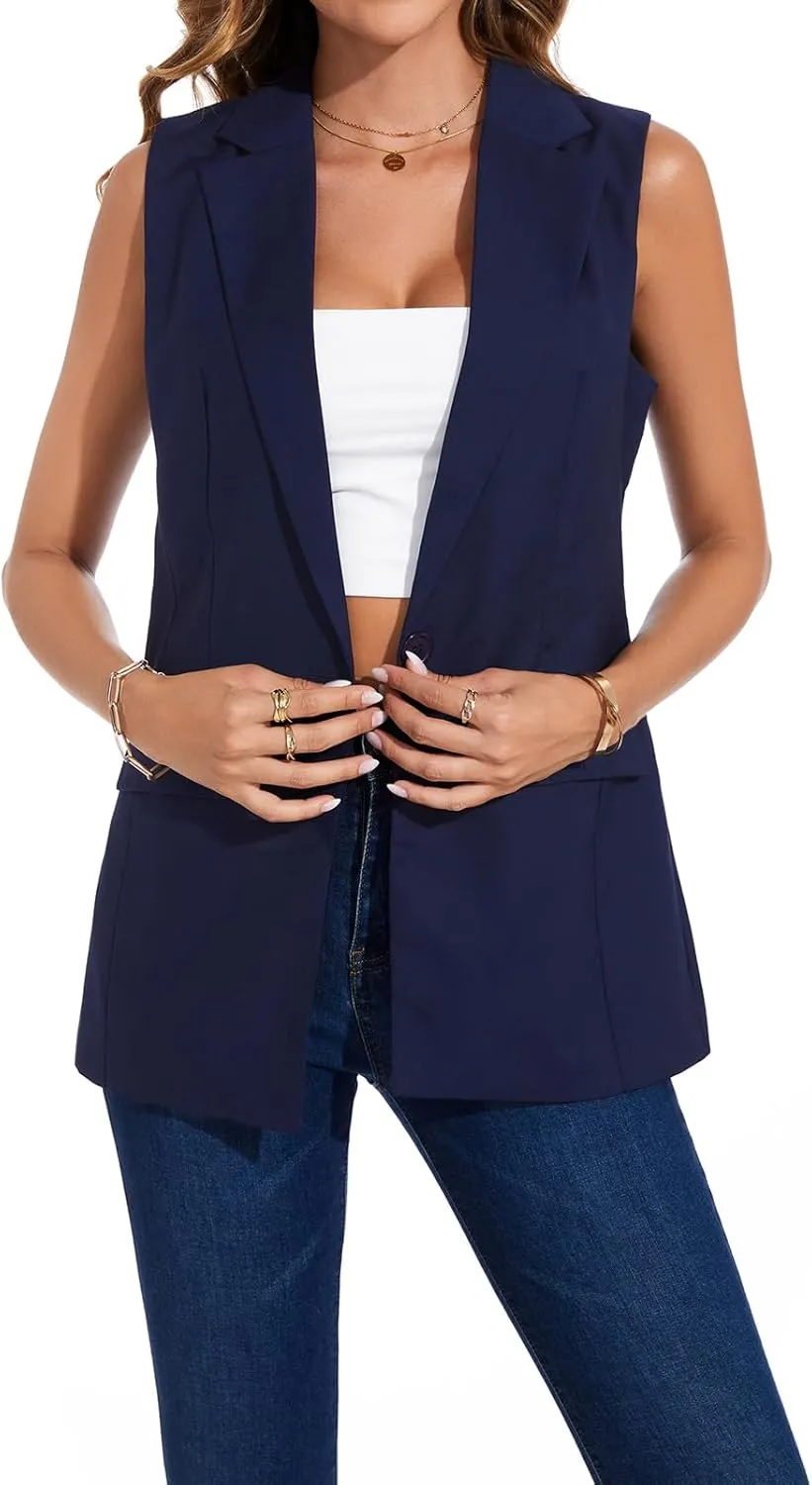 MINTLIMIT Womens Casual Vest Sleeveless Blazer Button Front Jacket Office Fully Lined Notched Lapel Long Blazers with Pockets