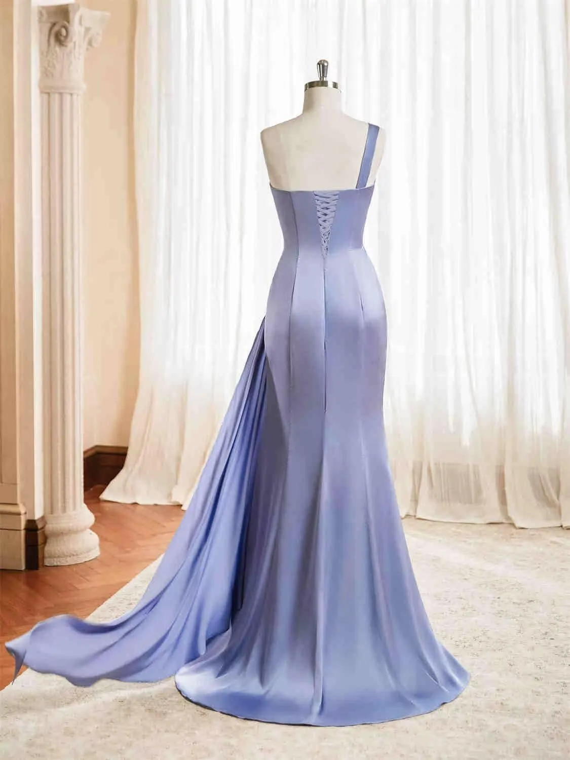 MYDRESS Womens One Shoulder Bridesmaid Dresses for Wedding Satin Ruched Bodycon Long Formal Evening Gowns with Slit